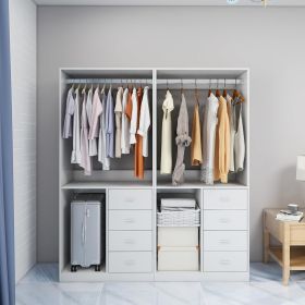 Wooden Closet System with 4 Drawers Storage Cabinet 2 Hanging Rails and Shelves Clothes Built-in Garment Rack Walk-in Closet Organizer for Bedroom Whi