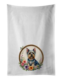 Silky Terrier and Flowers Kitchen Towel Set of 2 White Dish Towels Decorative Bathroom Hand towel for Hand, Face, Hair, Yoga, Tea, Dishcloth, 19 X 28"