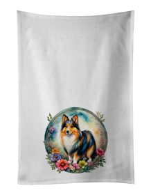 Sheltie and Flowers Kitchen Towel Set of 2 White Dish Towels Decorative Bathroom Hand towel for Hand, Face, Hair, Yoga, Tea, Dishcloth, 19 X 28"