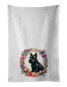 Scottish Terrier and Flowers Kitchen Towel Set of 2 White Dish Towels Decorative Bathroom Hand towel for Hand, Face, Hair, Yoga, Tea, Dishcloth