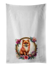 Pomeranian and Flowers Kitchen Towel Set of 2 White Dish Towels Decorative Bathroom Hand towel for Hand, Face, Hair, Yoga, Tea, Dishcloth, 19 X 28"