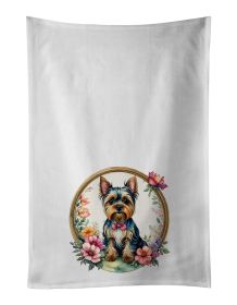 Yorkshire Terrier and Flowers Kitchen Towel Set of 2 White Dish Towels Decorative Bathroom Hand towel for Hand, Face, Hair, Yoga, Tea, Dishcloth