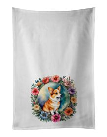 Corgi and Flowers Kitchen Towel Set of 2 White Dish Towels Decorative Bathroom Hand towel for Hand, Face, Hair, Yoga, Tea, Dishcloth, 19 X 28", White