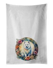 American Eskimo and Flowers Kitchen Towel Set of 2 White Dish Towels Decorative Bathroom Hand towel for Hand, Face, Hair, Yoga, Tea, Dishcloth