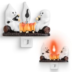 2Pcs Ghost Campfire Flickering Flame Night Light Indoor 3D Funny Halloween Nightlight Decoration Bedroom Night Light Halloween Decoration Gift For Fri