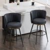 Set of 2 Gray Swivel Bar Stools - High-Back, Adjustable, Upholstered with Elegant Metal Back Accents for Kitchen, Bar, or Dining Room