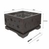 26 Inch Square Fire Pit with BBQ Grill, Outdoor Wood Burning Firepit with Poker